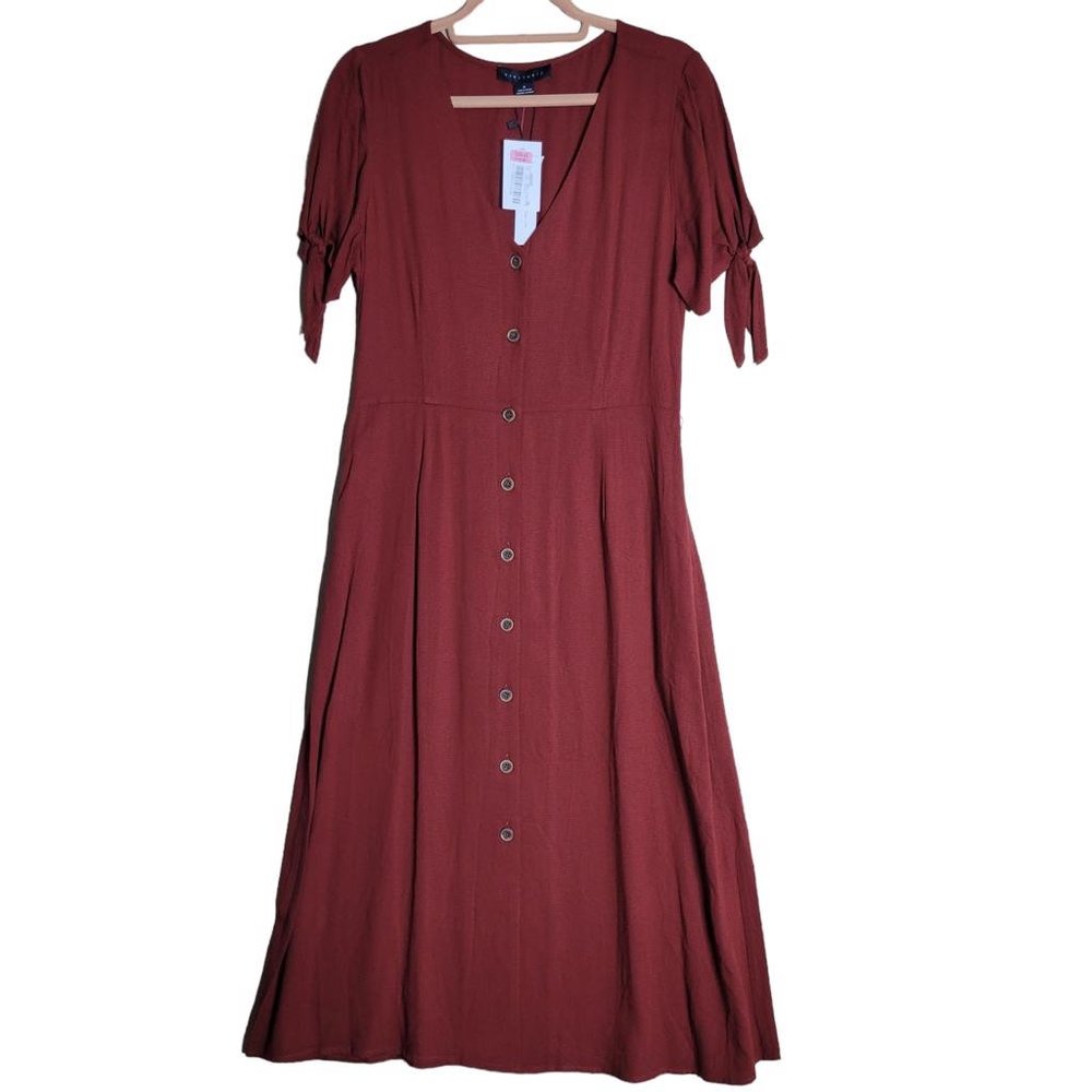 Sanctuary Rust Button Front Tie Sleeves Side Pockets Maxi Dress Women Size M NWT